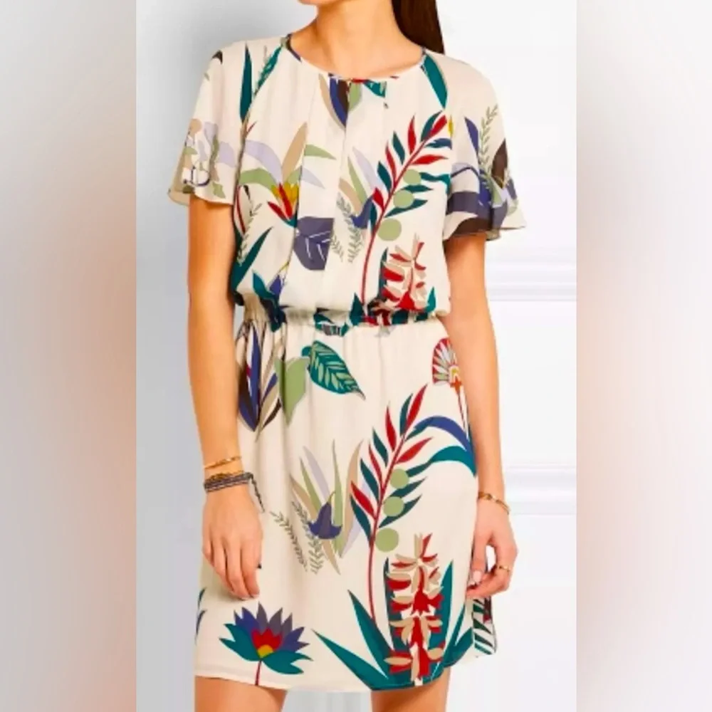 Tory Burch Anatolie Botanical Print Short Sleeve Silk Dress Size 2